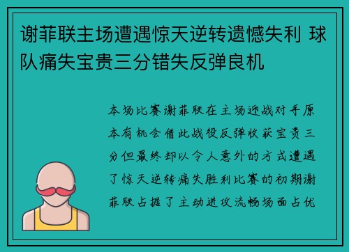 谢菲联主场遭遇惊天逆转遗憾失利 球队痛失宝贵三分错失反弹良机