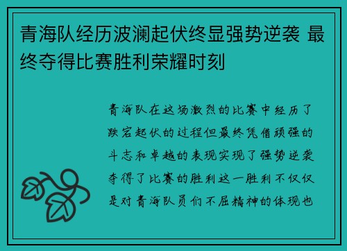 青海队经历波澜起伏终显强势逆袭 最终夺得比赛胜利荣耀时刻