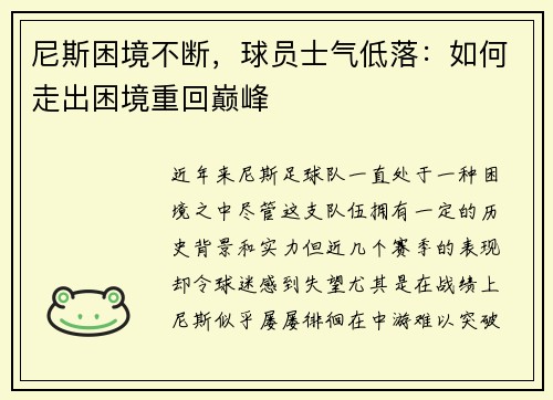 尼斯困境不断，球员士气低落：如何走出困境重回巅峰