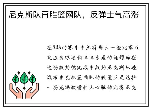 尼克斯队再胜篮网队，反弹士气高涨