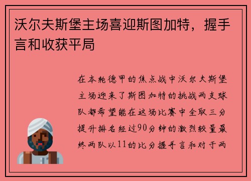 沃尔夫斯堡主场喜迎斯图加特，握手言和收获平局