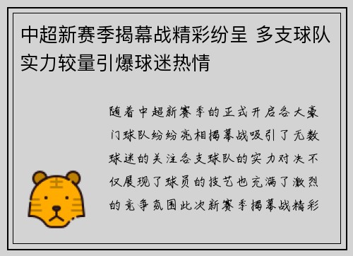 中超新赛季揭幕战精彩纷呈 多支球队实力较量引爆球迷热情