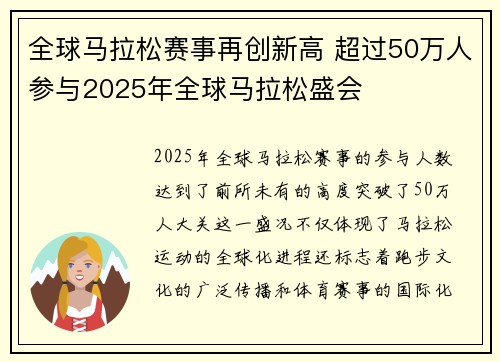 全球马拉松赛事再创新高 超过50万人参与2025年全球马拉松盛会